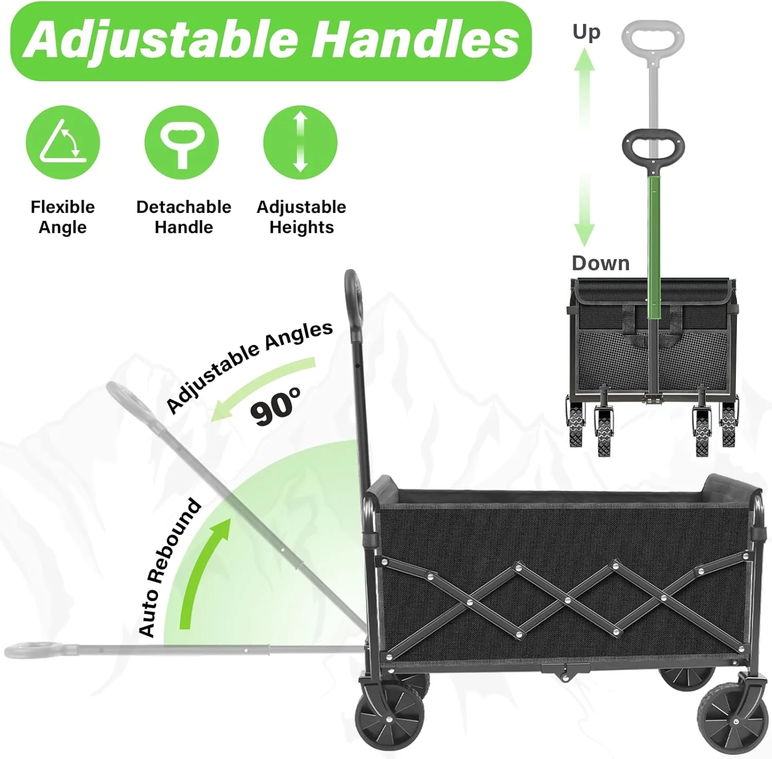 Wagons Carts Foldable, Collapsible Folding Wagon Cart with All-Terrain Wheels, 2 Cup Holders/Heavy Duty 360 LBS, Lightweight Folding Utility for Beach Camping Grocery Sports Garden,Black