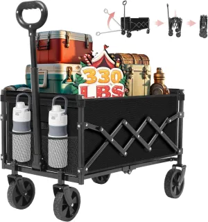 Wagons Carts Foldable, Collapsible Folding Wagon Cart with All-Terrain Wheels, 2 Cup Holders/Heavy Duty 360 LBS, Lightweight Folding Utility for Beach Camping Grocery Sports Garden,Black