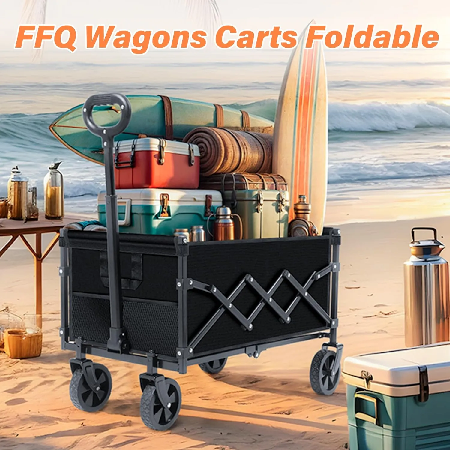 Wagons Carts Foldable, Collapsible Folding Wagon Cart with All-Terrain Wheels, 2 Cup Holders/Heavy Duty 360 LBS, Lightweight Folding Utility for Beach Camping Grocery Sports Garden,Black