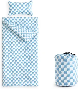 Wake In Cloud - Sleeping Bag for Kids Toddlers Boys Girls, Portable Compact Lightweight Backpacking Nap Mat with Pillow and Blanket, Gingham Grid Checkered, Blue White, 55" x 30"