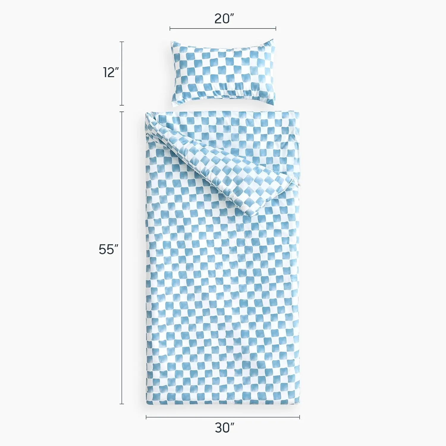 Wake In Cloud - Sleeping Bag for Kids Toddlers Boys Girls, Portable Compact Lightweight Backpacking Nap Mat with Pillow and Blanket, Gingham Grid Checkered, Blue White, 55" x 30"