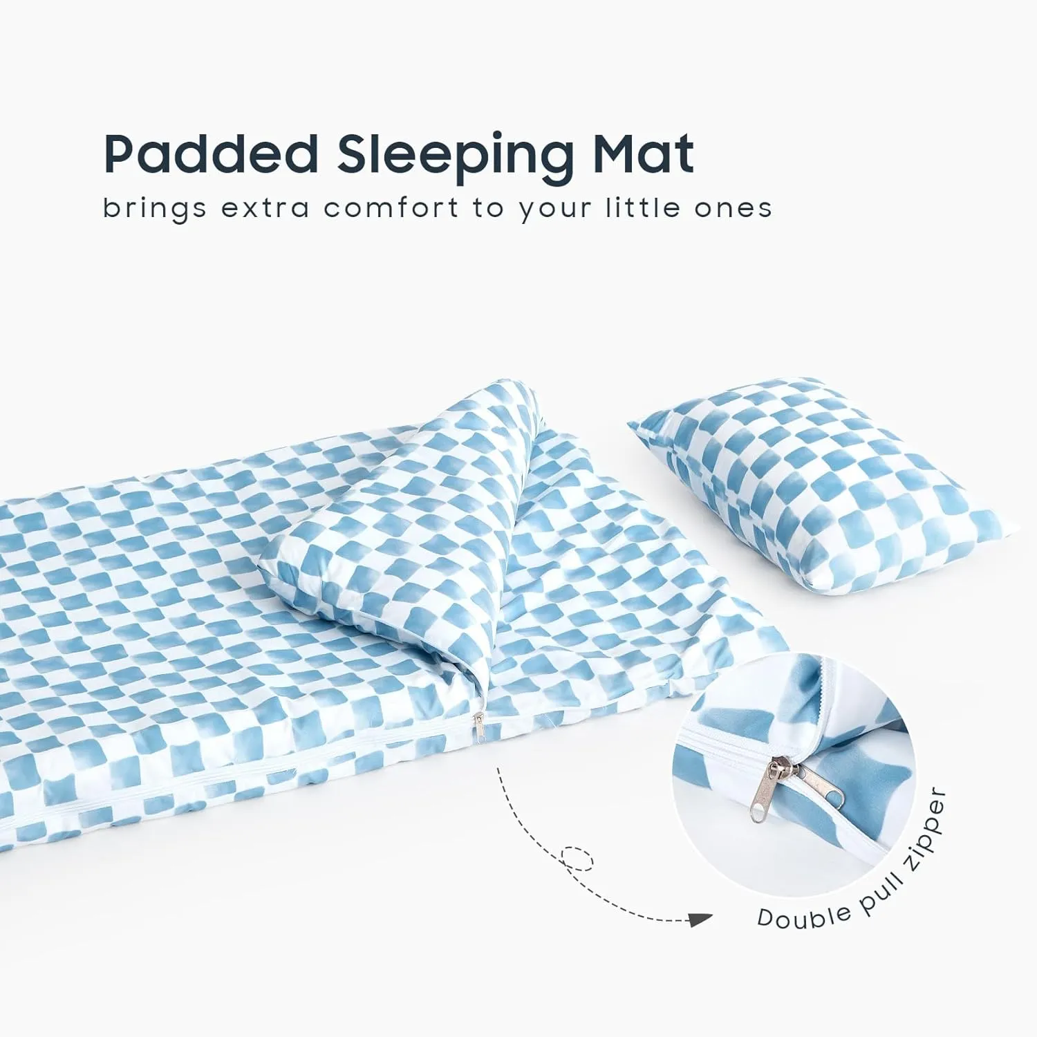 Wake In Cloud - Sleeping Bag for Kids Toddlers Boys Girls, Portable Compact Lightweight Backpacking Nap Mat with Pillow and Blanket, Gingham Grid Checkered, Blue White, 55" x 30"