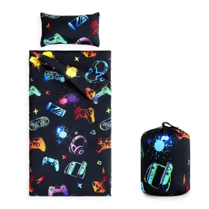 Wake In Cloud - Sleeping Bag for Kids Toddlers Boys, Portable Compact Lightweight Backpacking Nap Mat with Pillow and Blanket, Gamer Gaming Gamepad Video Game Controller on Black, 55" x 30"