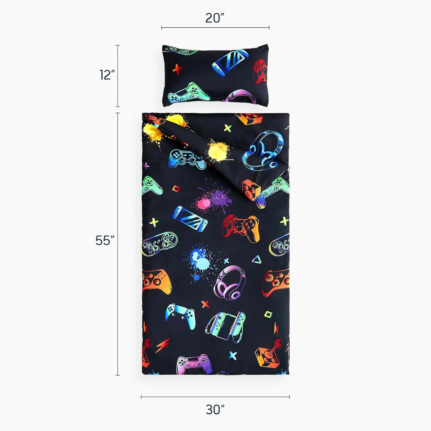 Wake In Cloud - Sleeping Bag for Kids Toddlers Boys, Portable Compact Lightweight Backpacking Nap Mat with Pillow and Blanket, Gamer Gaming Gamepad Video Game Controller on Black, 55" x 30"