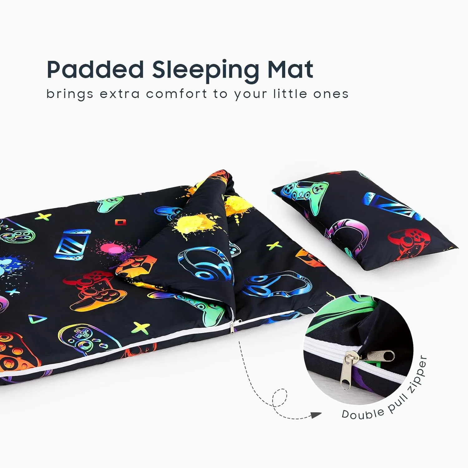 Wake In Cloud - Sleeping Bag for Kids Toddlers Boys, Portable Compact Lightweight Backpacking Nap Mat with Pillow and Blanket, Gamer Gaming Gamepad Video Game Controller on Black, 55" x 30"