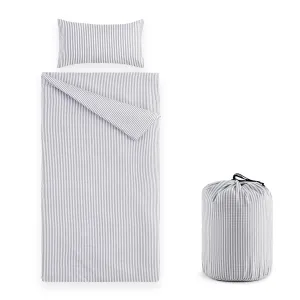 Wake In Cloud - Sleeping Bag for Kids Toddlers, Cotton Fabric, Portable Compact Lightweight Backpacking Nap Mat with Pillow and Blanket, for Boys Girls, Gray Grey White Stripes, 55" x 30"
