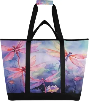 Watercolor Dragonflies Reusable Insulated Lunchbox Cooler Bag, Leakproof Kitchen Grocery Bag Collapsible Portable Cooler Tote Bag for Picnic, Camping, Office, Travel