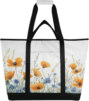 Watercolor Wildflowers Reusable Insulated Lunchbox Cooler Bag, Leakproof Kitchen Grocery Bag Collapsible Portable Cooler Tote Bag for Picnic, Camping, Office, Travel
