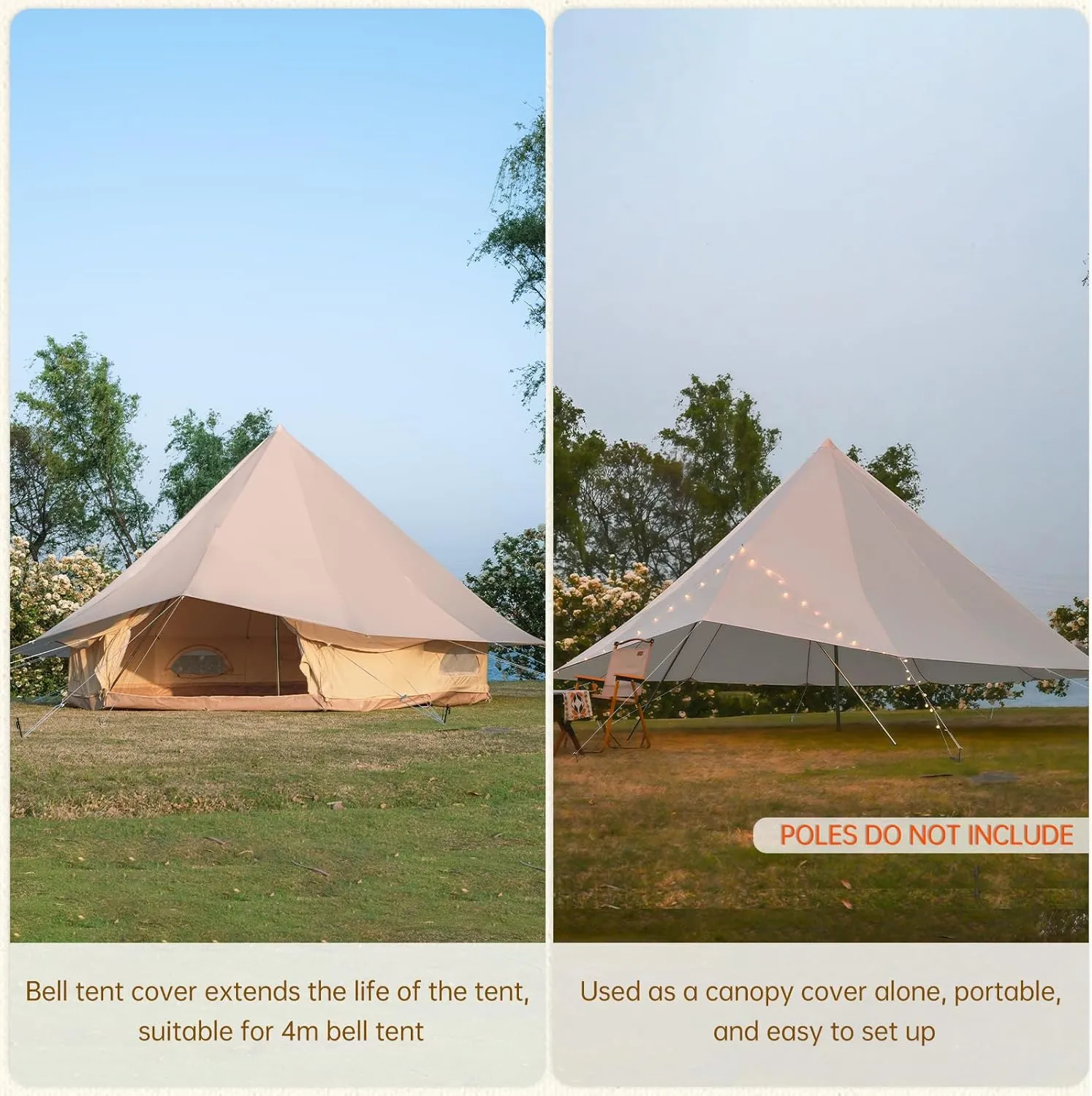 Waterproof 4 Season Rain Fly for Canvas Bell Tent 13.1FT Bell Tent Rain Cover Protector Lightweight Oxford Nylon Yurt Tarp Beige No Stove Jack (for 13.1ft Bell Tent (Base Diameter 4m))