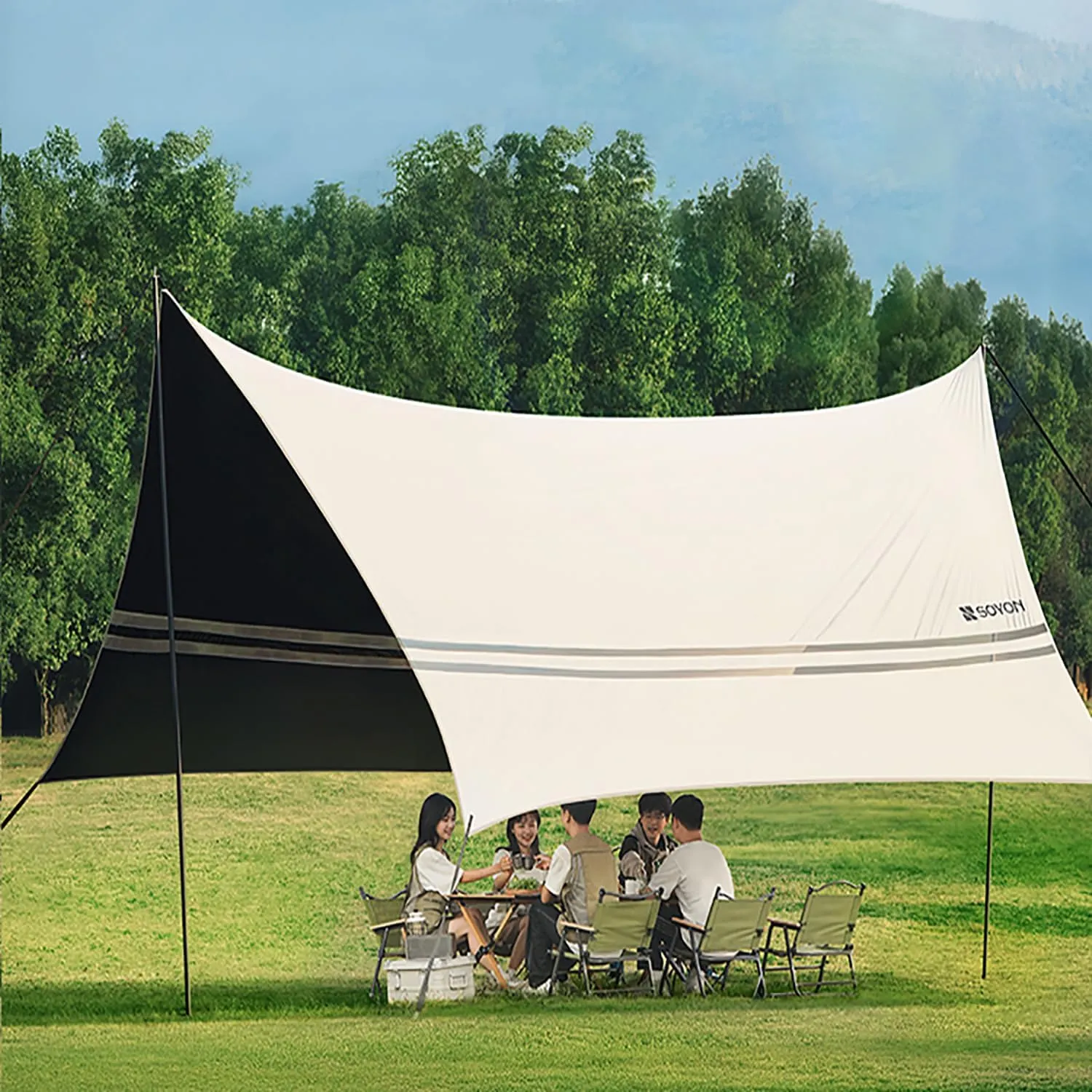 Waterproof Camping Tarp with Poles, Lightweight Large Hammock Rain Fly Tent Tarp, Multipurpose Portable Sunshade for Hammock and Shelter, with Tent Stakes and Carry Bag, Beige,4.5x4.4m