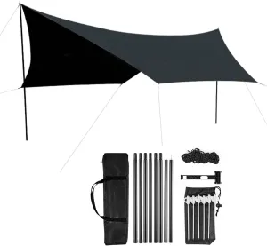 Waterproof Camping Tent Tarp Sun Shelter,Hammock Rain Fly Tarp,Portable Light Ripstop Rain & Wind Protection Tarp Cover for Camping Hammock & Tent Areas,with Accessories (Black,11.5 x 16.4ft) (
