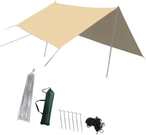Waterproof Tarp for Camping with Poles and Hammock Setup, Khaki