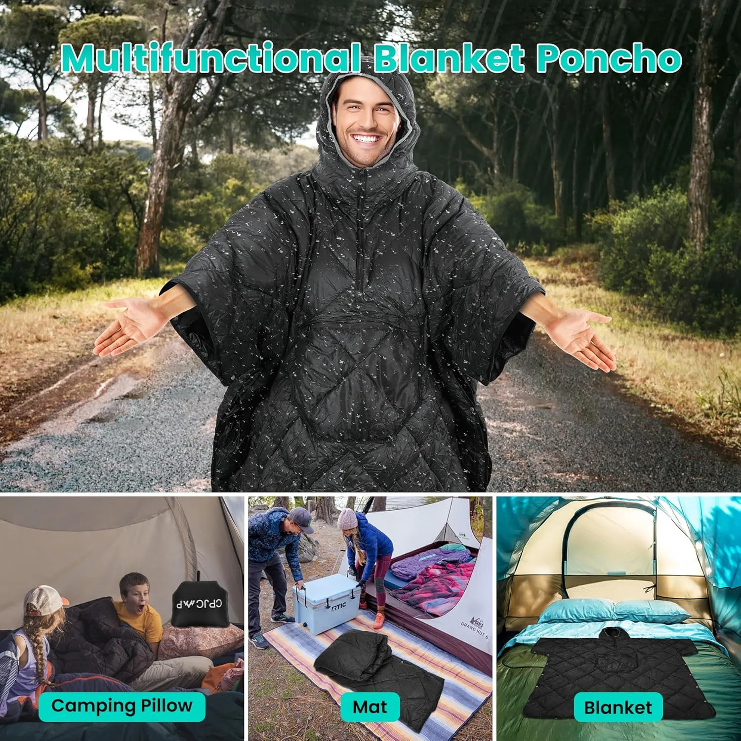 Wearable Camping Blanket, Lightweight Down Alternative Puffy Printed Camping Large Ultra Warm Hammock Top Quilt Waterproof Blanket for Traveling Picnic Beach Party Cold Weather -Black