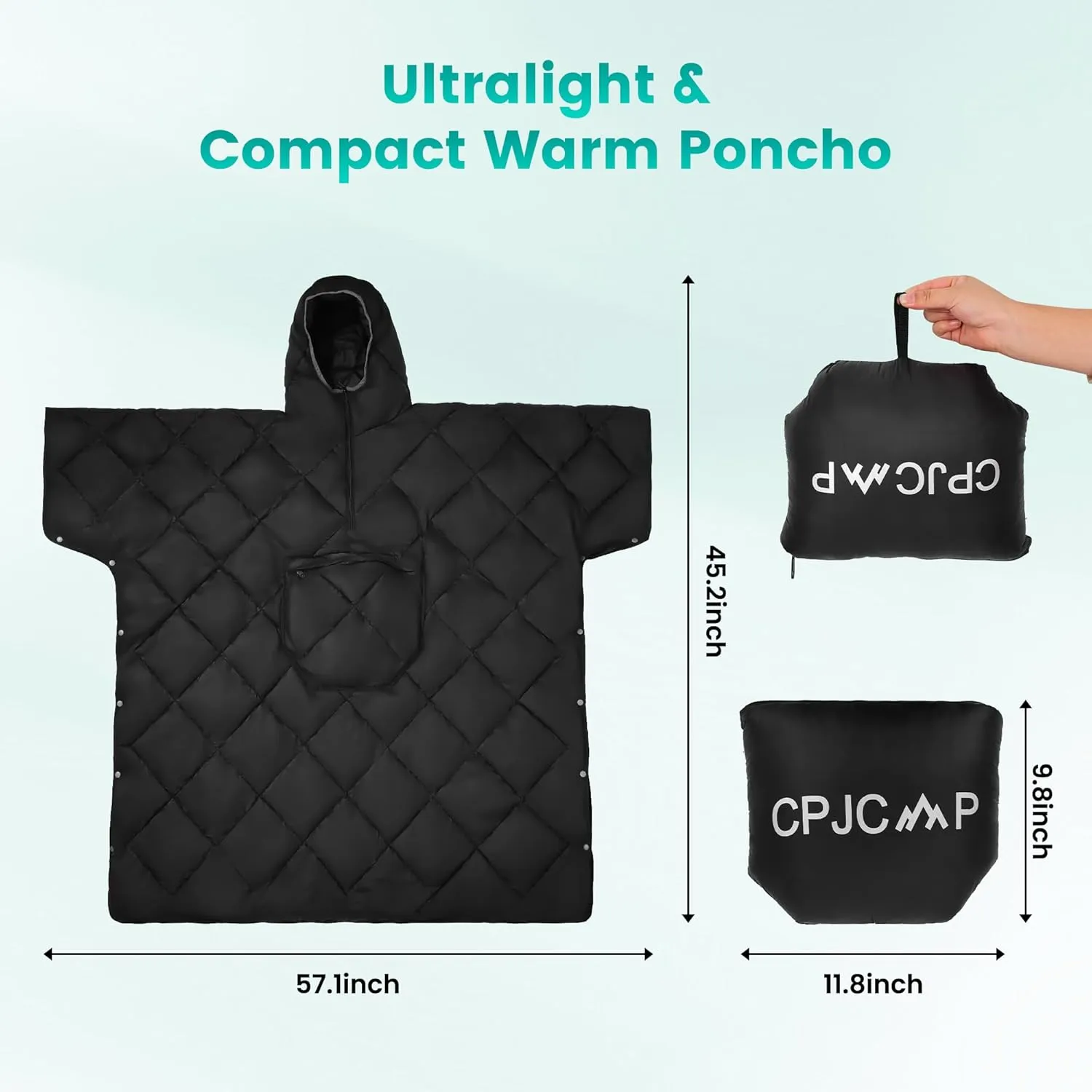 Wearable Camping Blanket, Lightweight Down Alternative Puffy Printed Camping Large Ultra Warm Hammock Top Quilt Waterproof Blanket for Traveling Picnic Beach Party Cold Weather -Black