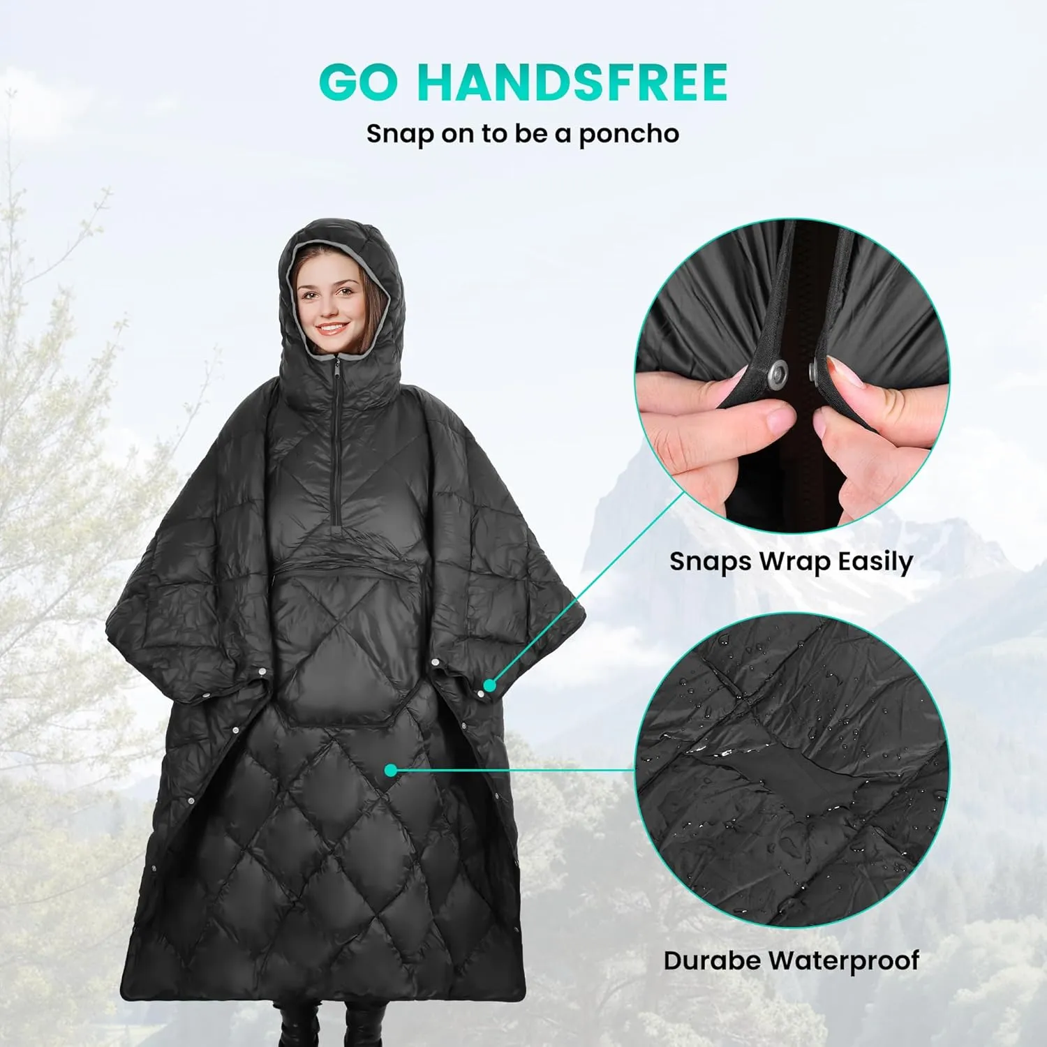 Wearable Camping Blanket, Lightweight Down Alternative Puffy Printed Camping Large Ultra Warm Hammock Top Quilt Waterproof Blanket for Traveling Picnic Beach Party Cold Weather -Black