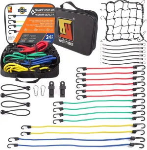 Wellmax Premium Bungee Cord Set with Heavy Duty Hooks and Bonus Accessories - 32 Piece Assortment Bag for Cargo, Camping, and More