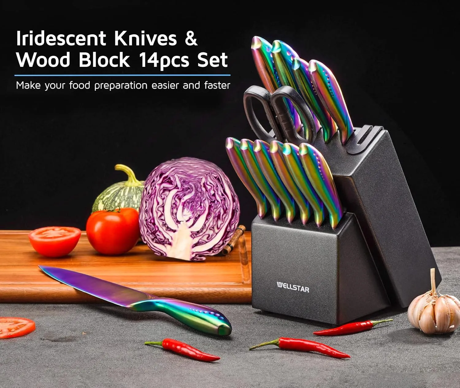 WELLSTAR Rainbow Knife Set 14 Pieces, Iridescent German Stainless Steel Kitchen Knives Set with Wooden Block, Colorful Titanium Coating, Chef’s Knife Block Set with Scissors and Built-in Sharpener