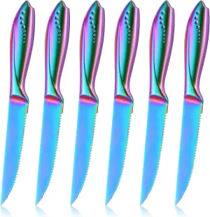WELLSTAR Rainbow Serrated Steak Knife Set of 6, Razor Sharp German Steel Blade 4.75 inch and Comfortable Stainless Steel Hollow Handle with Titanium Coated Dinner Table Knives Set for Home Restaurant