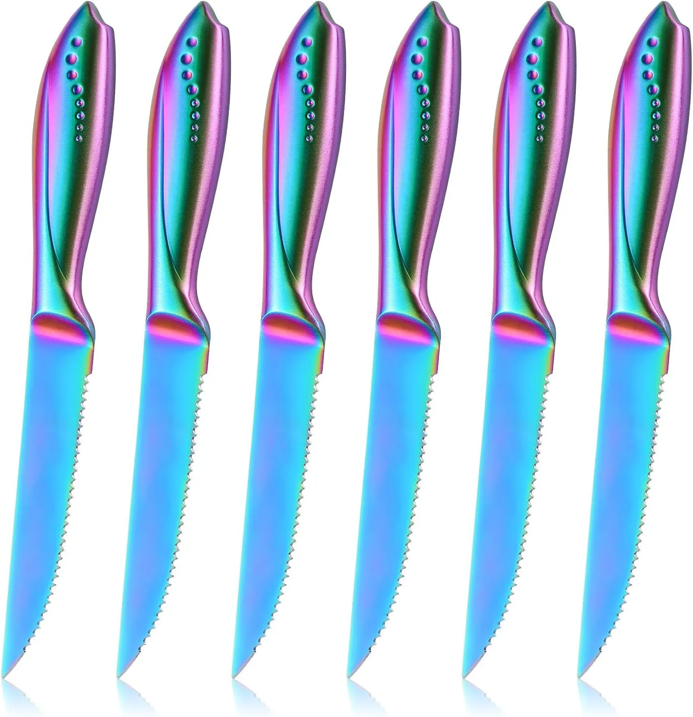 WELLSTAR Rainbow Serrated Steak Knife Set of 6, Razor Sharp German Steel Blade 4.75 inch and Comfortable Stainless Steel Hollow Handle with Titanium Coated Dinner Table Knives Set for Home Restaurant