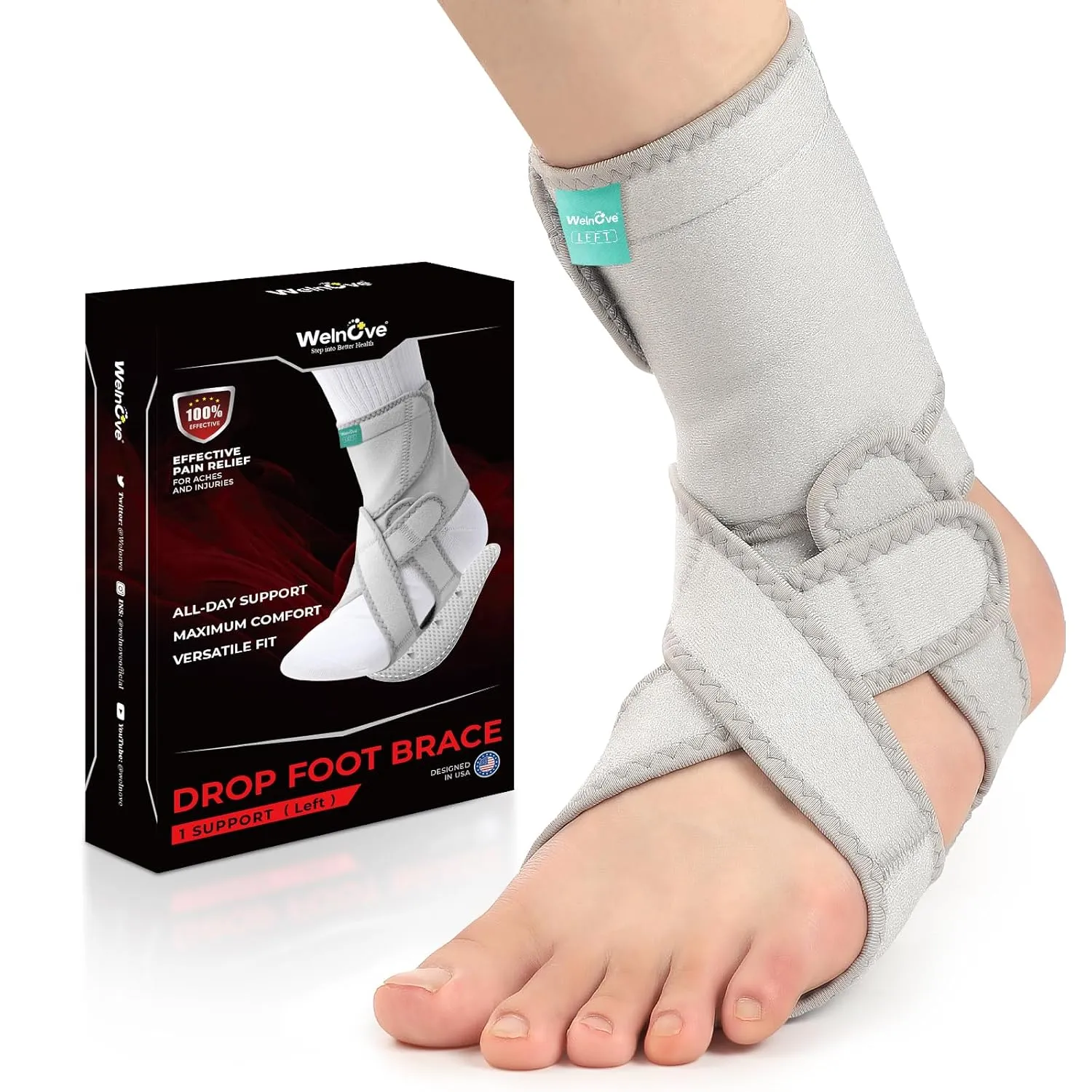 Welnove Drop Foot Brace with Arch Support, AFO Ankle Brace for Walking, Relieves Instability of Lower Limbs by Foot Drop, MS, TBI, Spinal Cord Injury, Cerebral Palsy (2 Pack, Left & Right, Grey)
