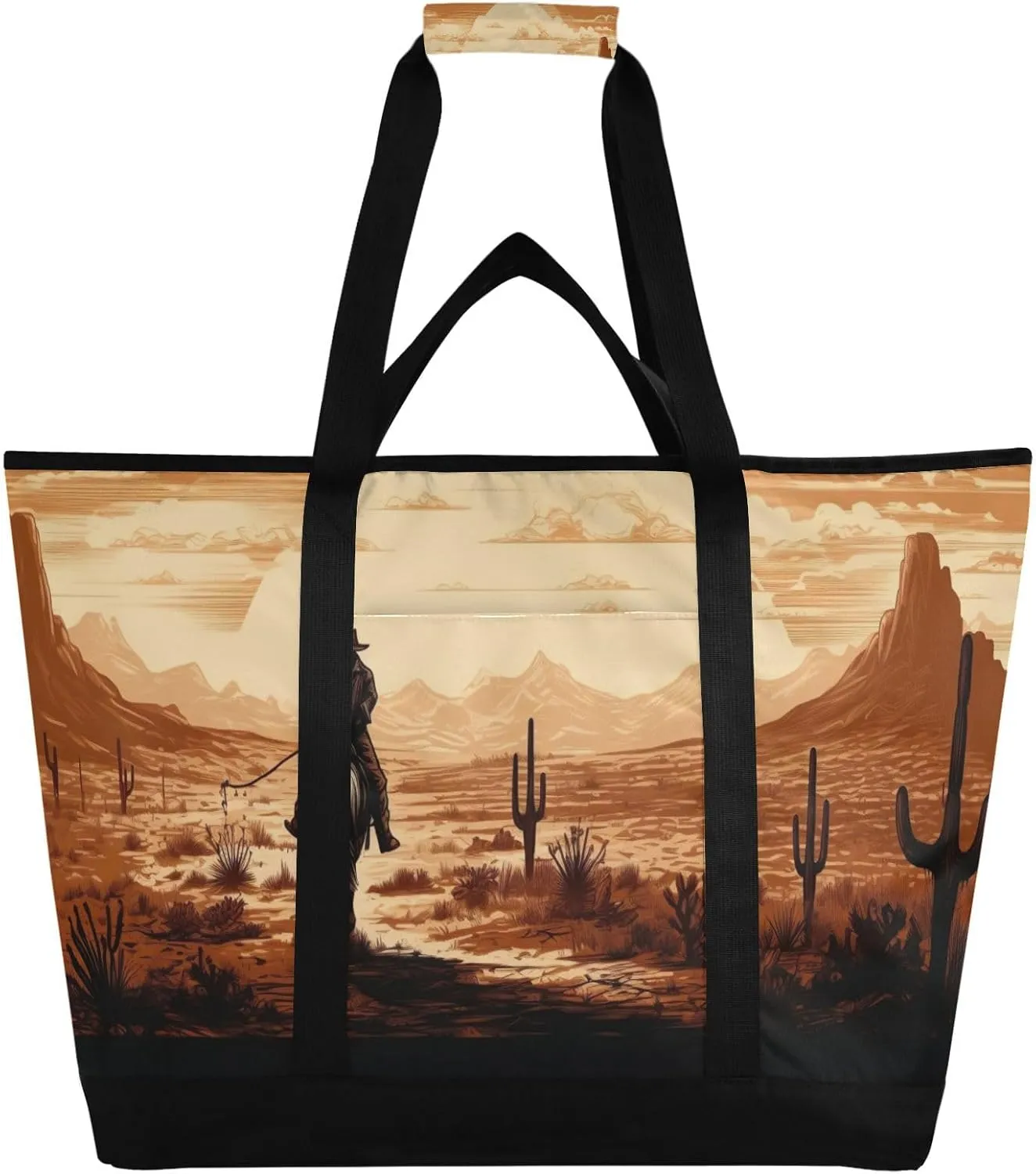 Western Desert Cowboy Reusable Insulated Lunchbox Cooler Bag, Leakproof Kitchen Grocery Bag Collapsible Portable Cooler Tote Bag for Picnic, Camping, Office, Travel