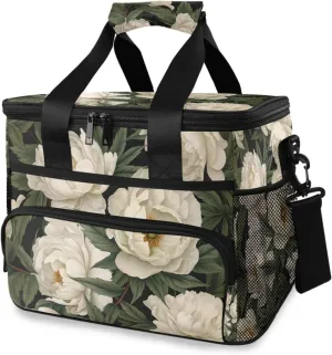 White Camellia Vintage Flower Cooler Bag Insulated Cooler Soft Sided Cooler 24 Can Portable Picnic Bag Large Leakproof Lunch Bag Box for Beach Grocery Camping Travel Car Men Women