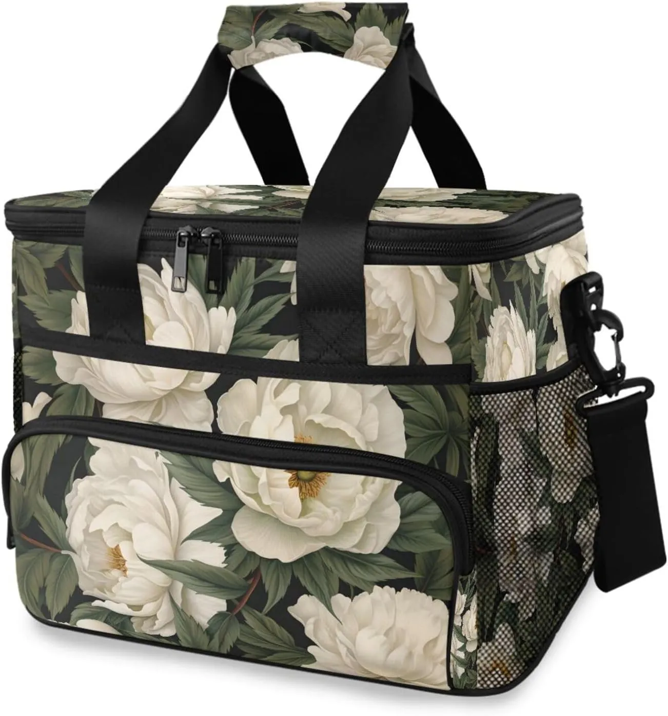 White Camellia Vintage Flower Cooler Bag Insulated Cooler Soft Sided Cooler 24 Can Portable Picnic Bag Large Leakproof Lunch Bag Box for Beach Grocery Camping Travel Car Men Women