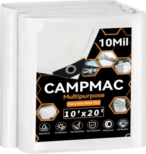 White Heavy Dut Waterproof Tarp 10' x 20', 10 Mil Thick, High Durability, Rip and Tear Resistant with Metal Grommets Every 20 Inches