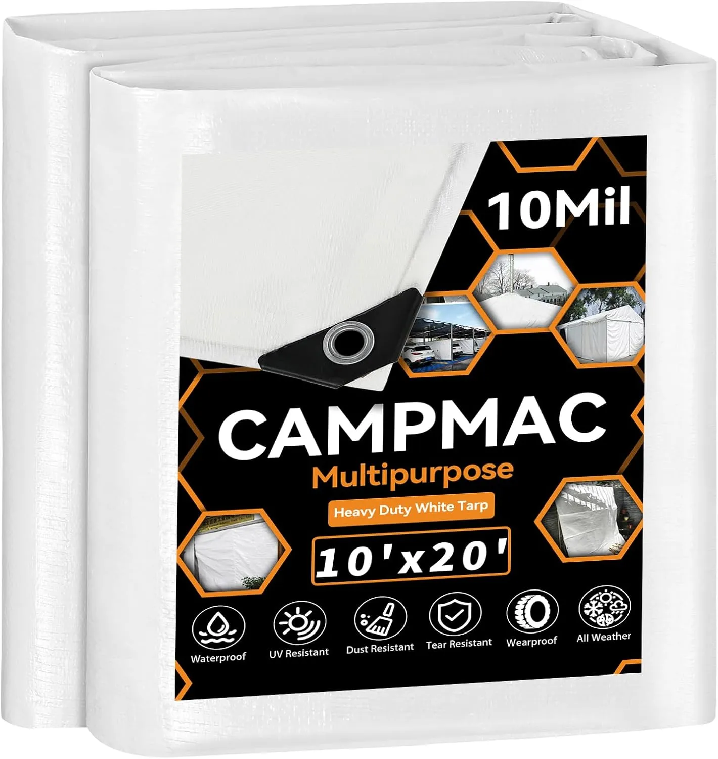 White Heavy Dut Waterproof Tarp 10' x 20', 10 Mil Thick, High Durability, Rip and Tear Resistant with Metal Grommets Every 20 Inches