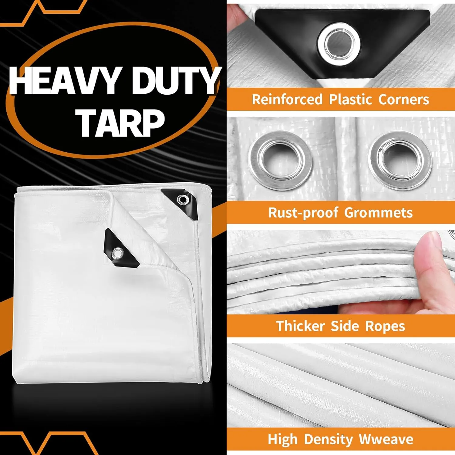 White Heavy Dut Waterproof Tarp 10' x 20', 10 Mil Thick, High Durability, Rip and Tear Resistant with Metal Grommets Every 20 Inches