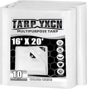 White Tarp 16x20 Feet, 10 Mil Thick Waterproof Poly Tarps Cover UV Resistant, Rip & Tear Proof with Metal Grommets Every 20 Inches