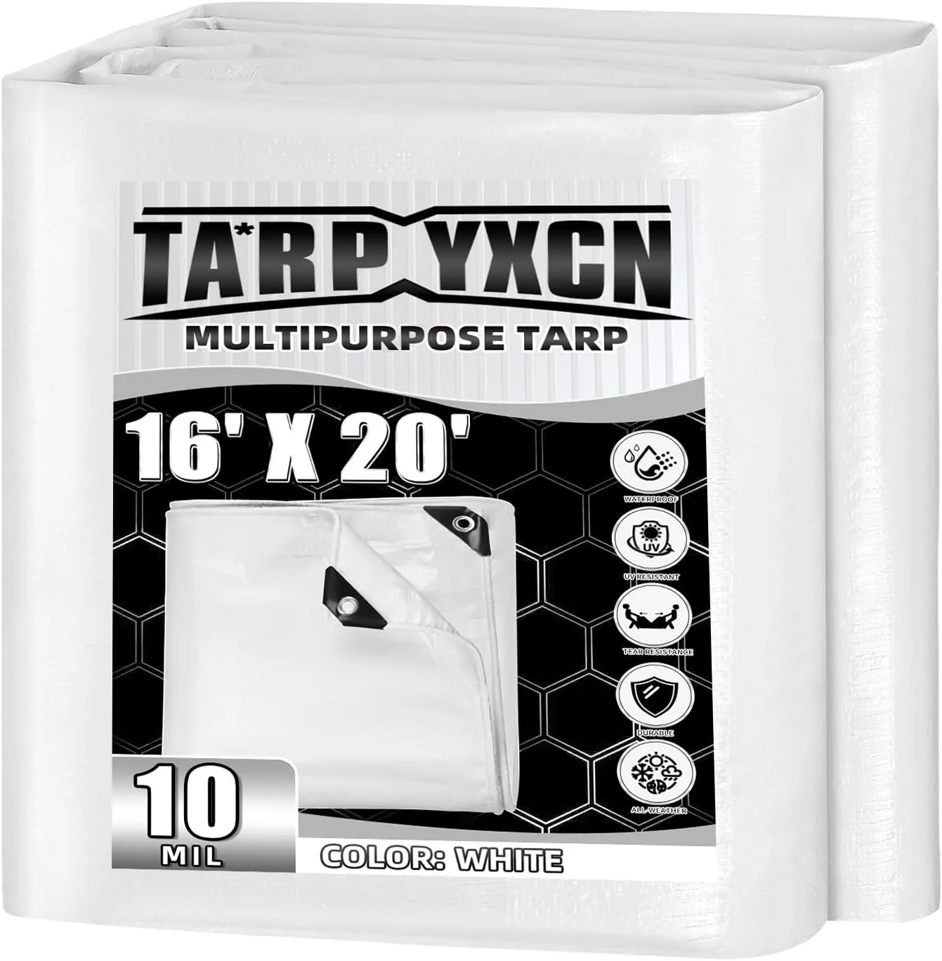 White Tarp 16x20 Feet, 10 Mil Thick Waterproof Poly Tarps Cover UV Resistant, Rip & Tear Proof with Metal Grommets Every 20 Inches