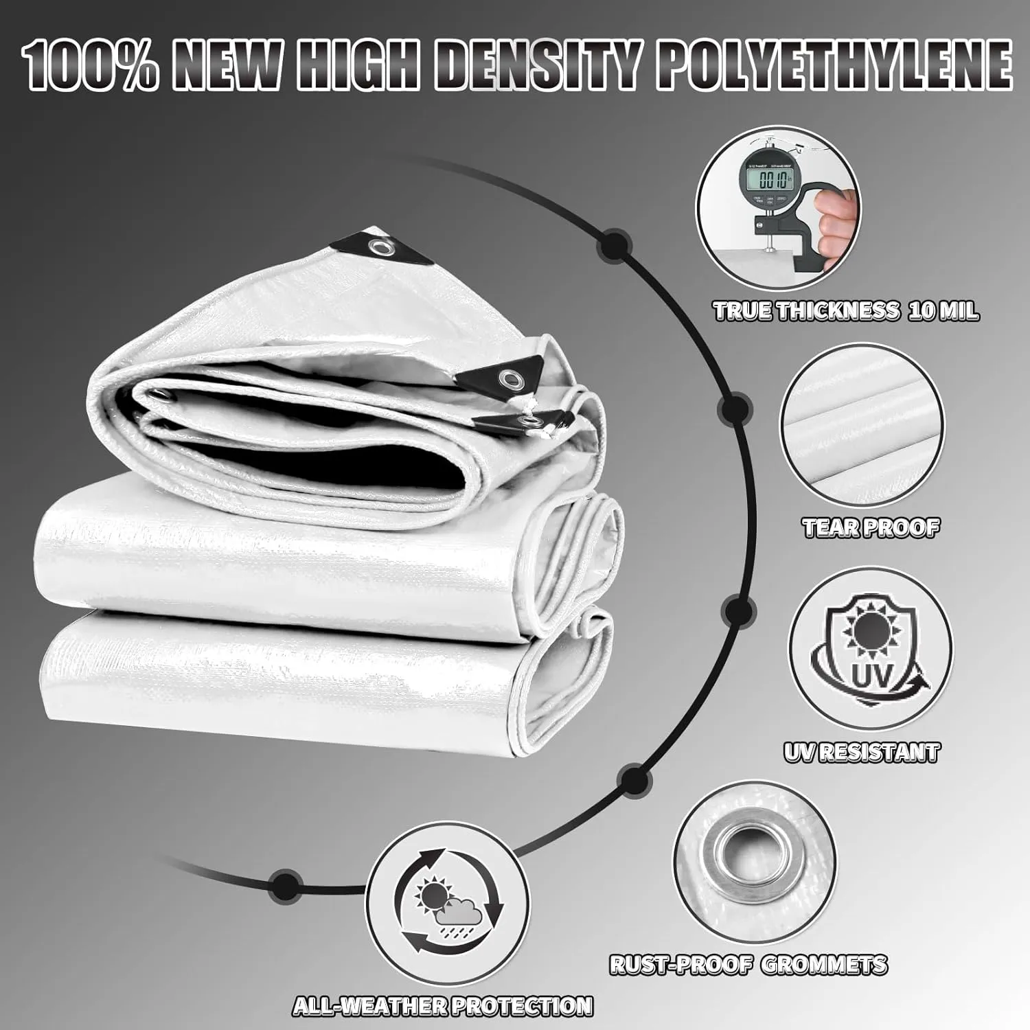White Tarp 16x20 Feet, 10 Mil Thick Waterproof Poly Tarps Cover UV Resistant, Rip & Tear Proof with Metal Grommets Every 20 Inches