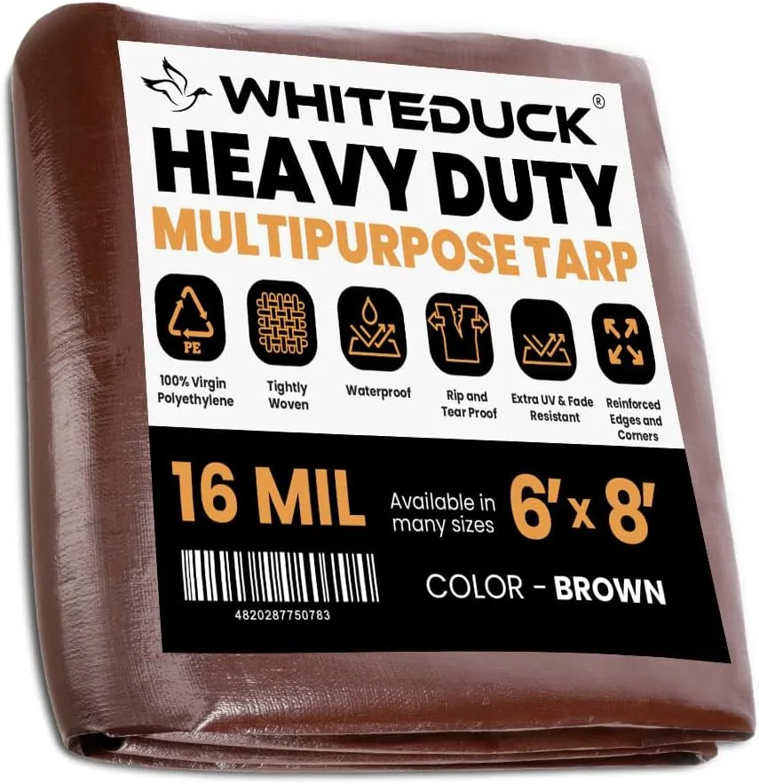 WHITEDUCK 6' x 8' Super Heavy Duty Poly Tarp Thick 16 Mil, Waterproof 100% UV Resistant Rip/Tear Proof Tarp w/Rustproof Grommets & Reinforced Edges (Finished Size: 5'6"x7'6")