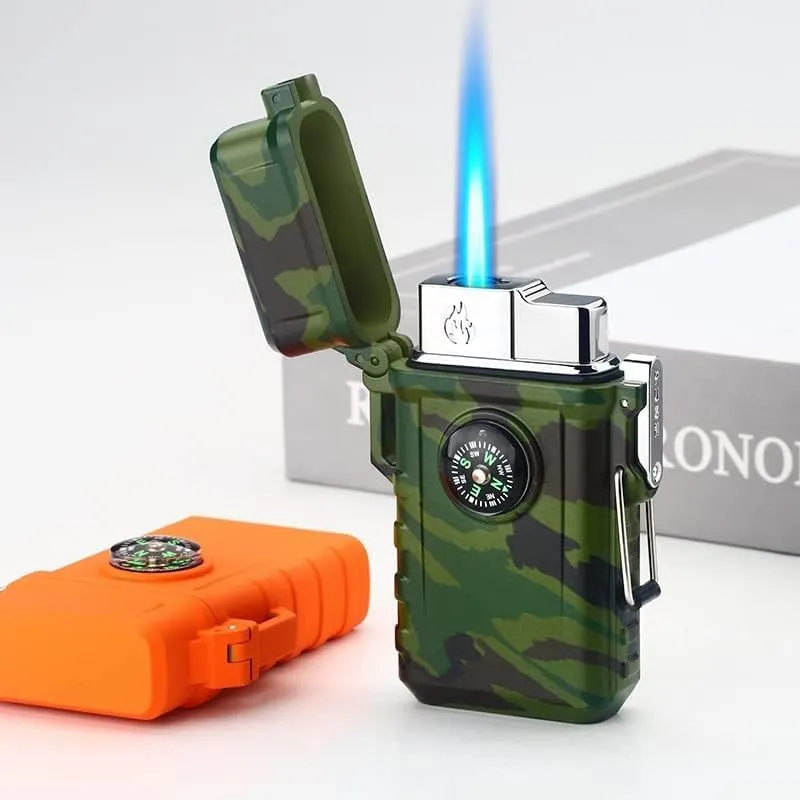 Windproof Lighter with Compass, Jet Flame Butane Gas Lighter, Waterproof Torch Lighter, Suitable for Outdoor Adventure Hunting and Hiking (Fuel not Included)(Black)