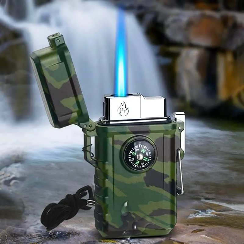 Windproof Lighter with Compass, Jet Flame Butane Gas Lighter, Waterproof Torch Lighter, Suitable for Outdoor Adventure Hunting and Hiking (Fuel not Included)(Black)