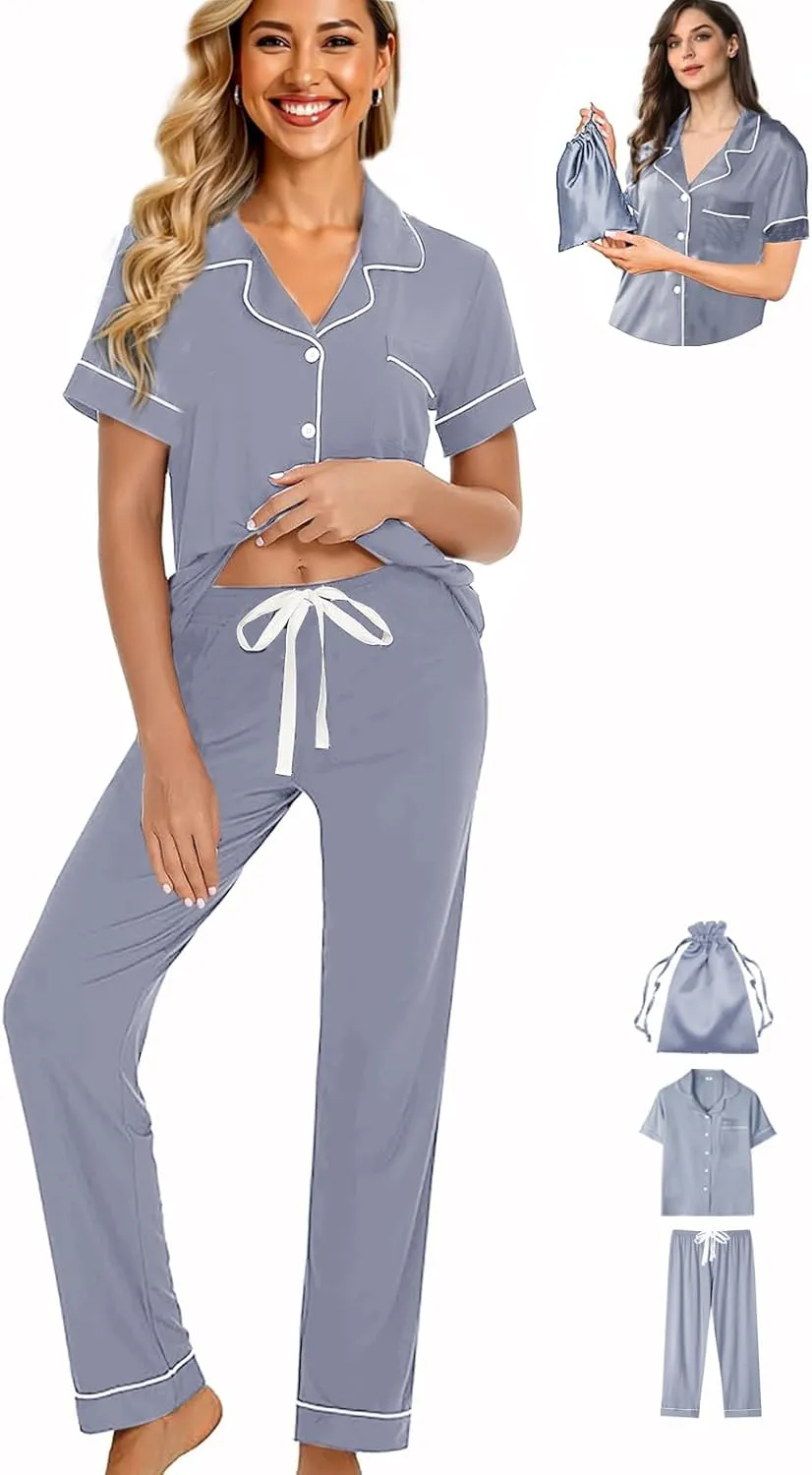 Womens 3Pcs Pajamas Set Soft Pajama Sets Button Down Pjs Set Knit Sleepwear Lounge Sets with Long Pants XS-XXL