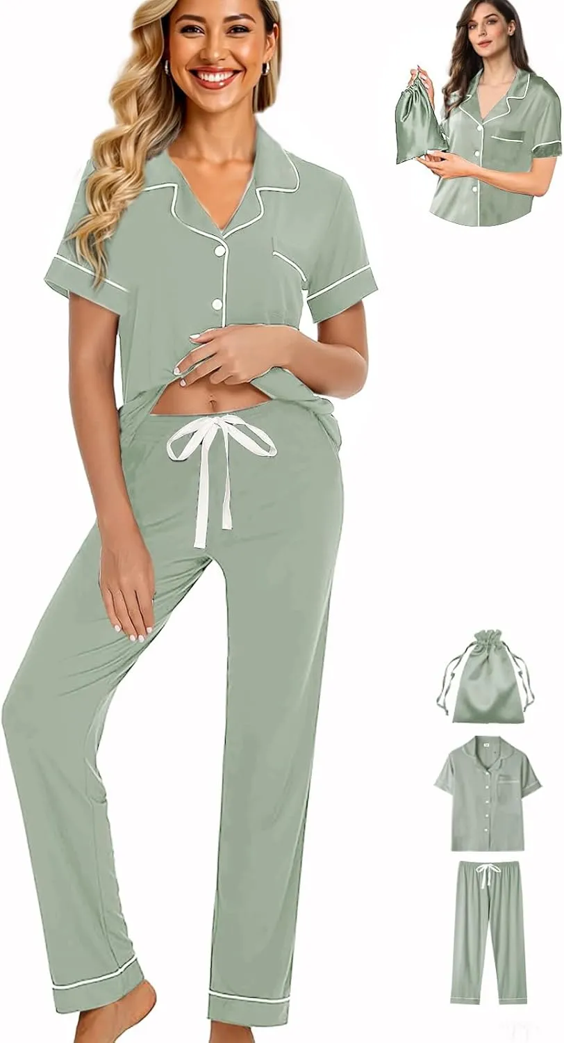Womens 3Pcs Pajamas Set Soft Pajama Sets Button Down Pjs Set Knit Sleepwear Lounge Sets with Long Pants XS-XXL