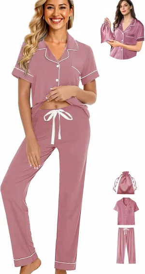 Womens 3Pcs Pajamas Set Soft Pajama Sets Button Down Pjs Set Knit Sleepwear Lounge Sets with Long Pants XS-XXL