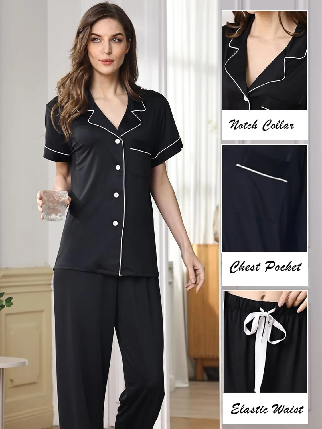 Womens 3Pcs Pajamas Set Soft Pajama Sets Button Down Pjs Set Knit Sleepwear Lounge Sets with Long Pants XS-XXL