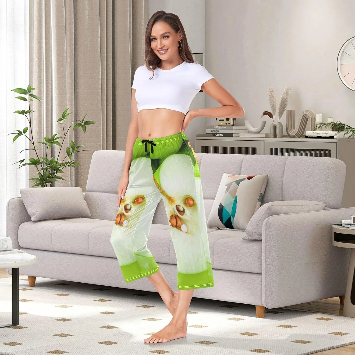 Women's Cotton-like Pajama Pants Three-quarter Trouser Pocket Sleepwear S-2XL