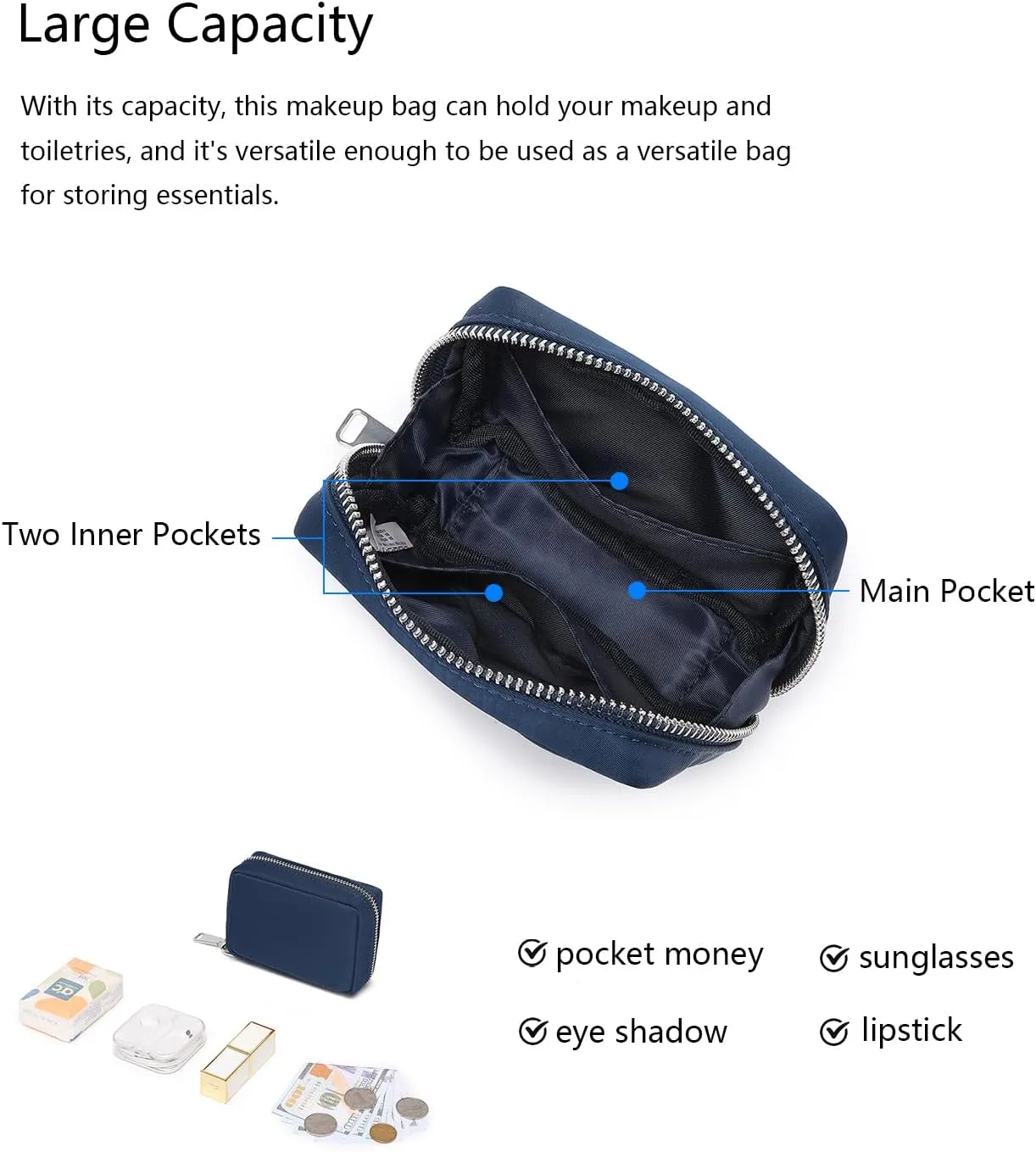 Womens Makeup Bag Wristband Bag Nylon Pouch Lightweight Ideal For Travel And Everyday Use (Nylon/Navy Blue)