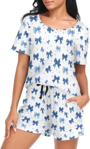 Women's Pajama Set Blue Bows Polka Dots Short Sleeve Sleepwear Soft Pjs Lounge Set with Pockets S-XXL