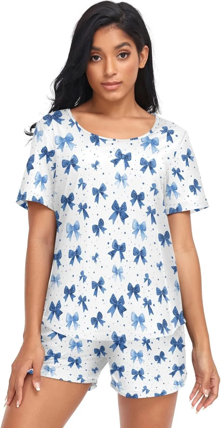 Women's Pajama Set Blue Bows Polka Dots Short Sleeve Sleepwear Soft Pjs Lounge Set with Pockets S-XXL