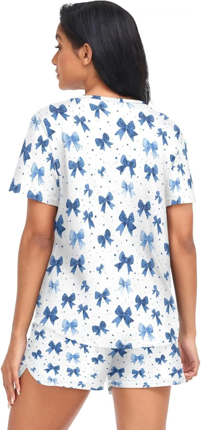 Women's Pajama Set Blue Bows Polka Dots Short Sleeve Sleepwear Soft Pjs Lounge Set with Pockets S-XXL