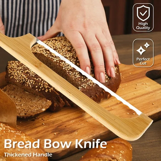 Wooden Bread Bow Knife, 15.7" Serrated Bagel Knife Sourdough Cutter Fiddle Bow Bread Slicer