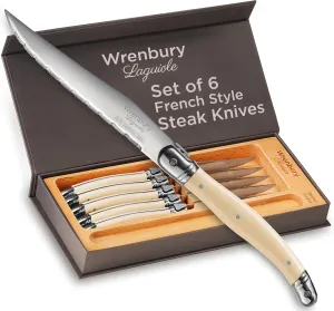 Wrenbury Laguiole Steak Knives Set of 6 Stainless Steel – French Design Sharp Serrated Steak Knife Set - Dinner Knives for Dining - Ivory