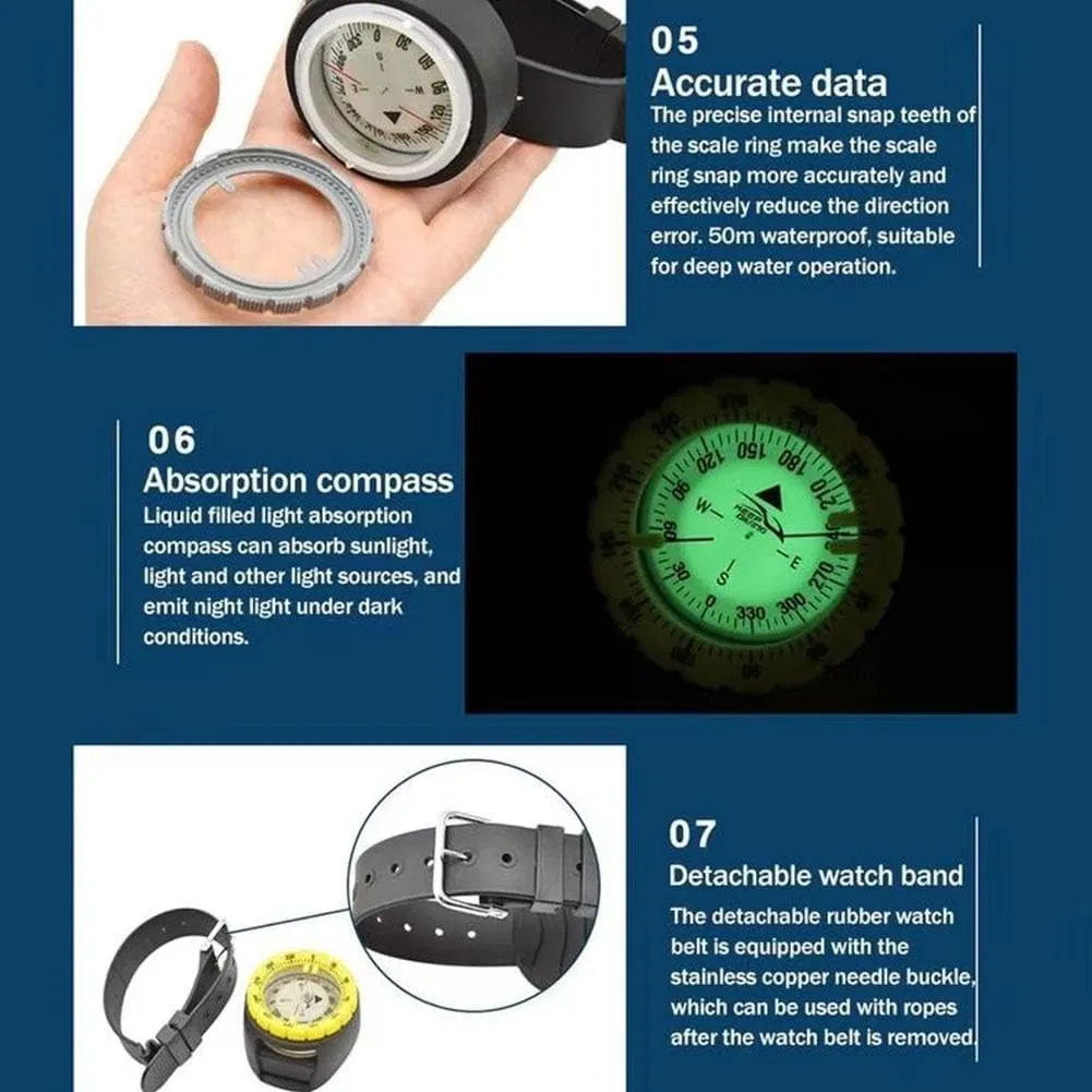 Wrist Compass,Multifunctional Compass,Professional Waterproof 5ATM Marine Navigation Wrist Compass with 2.5in Dial and 14.5in Adjustable Strap for Outdoor Sports Diving,Sailing,Survival Emergency
