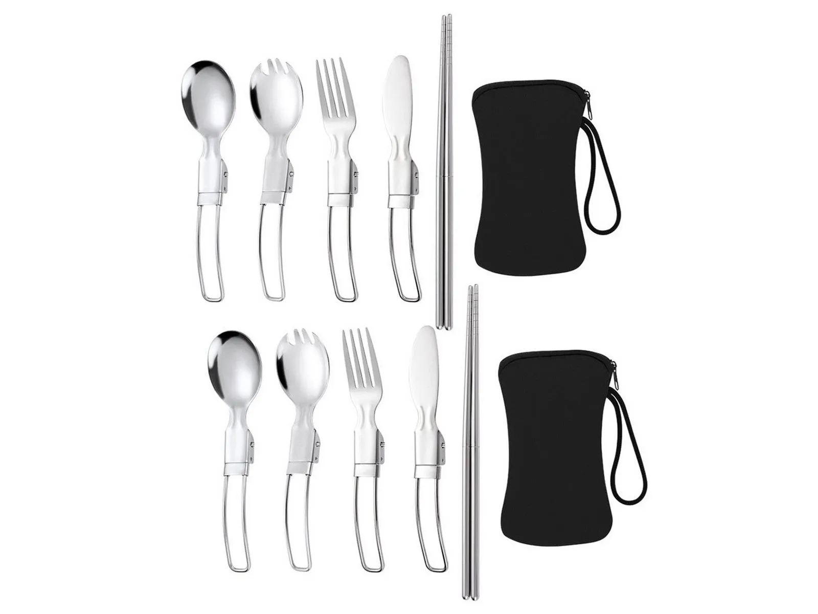 X Stainless Folding Bag Foldable Functional Super affordable Storage 5Pcs Set Cutlery Utensil with 2 Steel