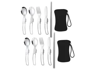 X Stainless Folding Bag Foldable Functional Super affordable Storage 5Pcs Set Cutlery Utensil with 2 Steel